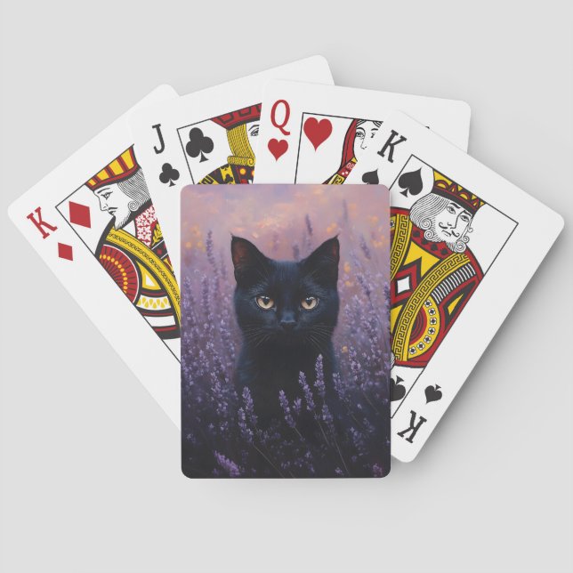 Black Cat in a Lavender Field Illustration Playing Cards (Back)