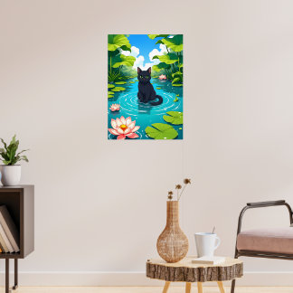 Black cat in a lily pond poster