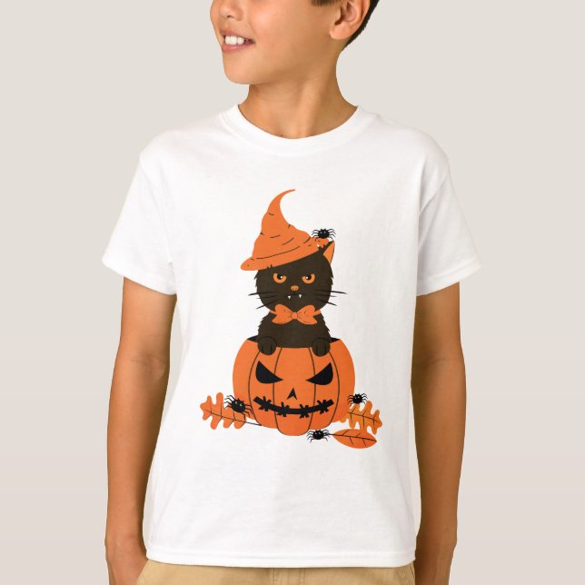  Black Cat in a Pumpkin, Halloween T-Shirt (Front)