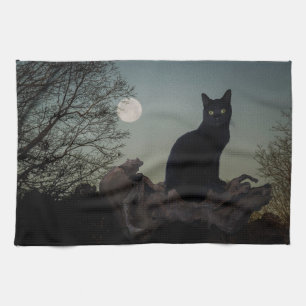 Black Cat in a Tree in Front of a Full Moon Tea Towel