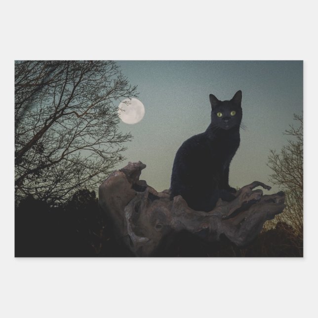 Black Cat in a Tree in Front of a Full Moon Wrapping Paper Sheet (Front)