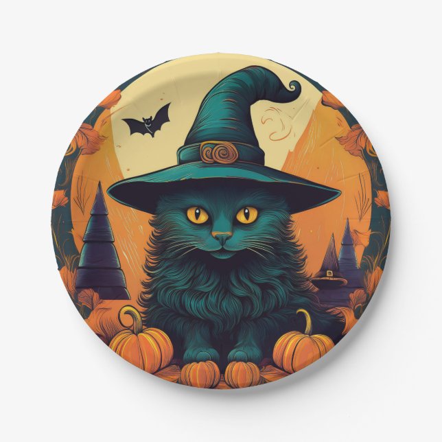 Black Cat in a Witches Hat  Paper Plate (Front)