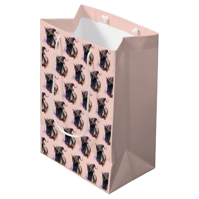 Black Cat in a Witch's Hat Orange Halloween Medium Gift Bag (Front Angled)