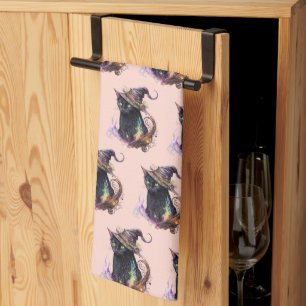 Black Cat in a Witch's Hat Orange Halloween Tea Towel