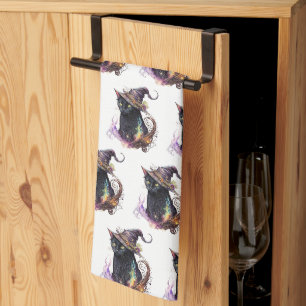 Black Cat in a Witch's Hat White Halloween Tea Towel