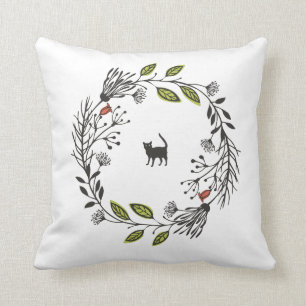 Black Cat in a Wreath   Throw Pillow