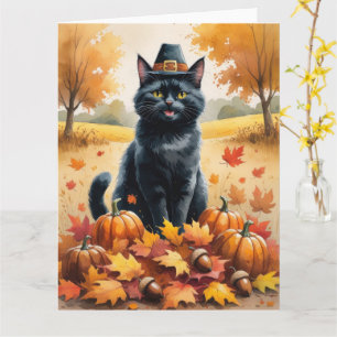 Black Cat In Autumn Leaves Thanksgiving Art Card