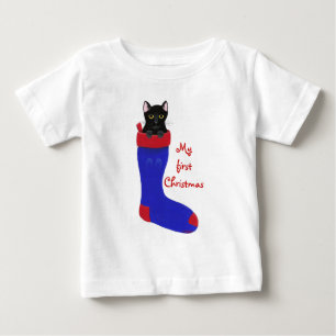 Black Cat in Blue Christmas Stocking Tshirt