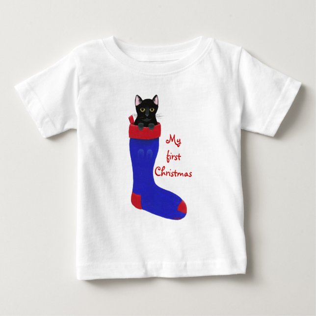 Black Cat in Blue Christmas Stocking Tshirt (Front)
