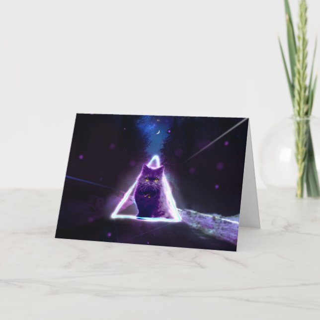 Black cat in blue neon hipster triangle            card (Front)
