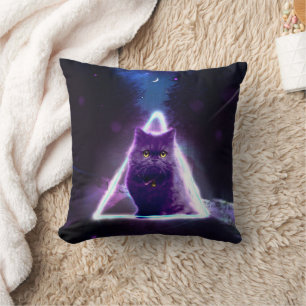 Black cat in blue neon hipster triangle            cushion