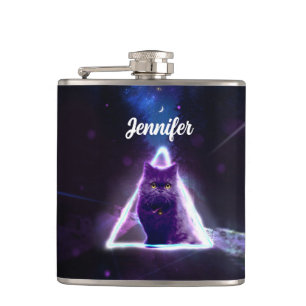 Black cat in blue neon hipster triangle hip flask