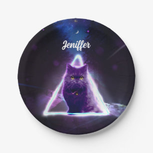 Black cat in blue neon hipster triangle            paper plate