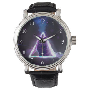 Black cat in blue neon hipster triangle watch