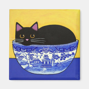 Black CAT in Blue Willow Bowl Square Magnet