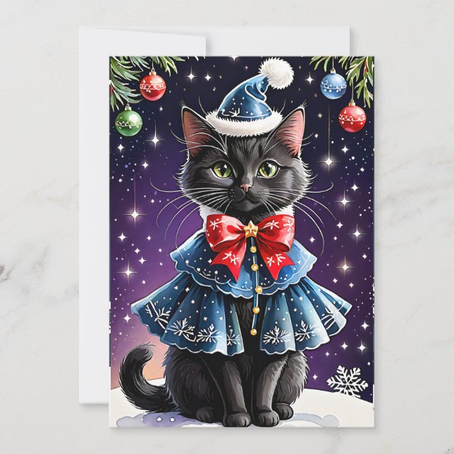 Black Cat in Christmas Blue Cape Flat Holiday Card (Front)