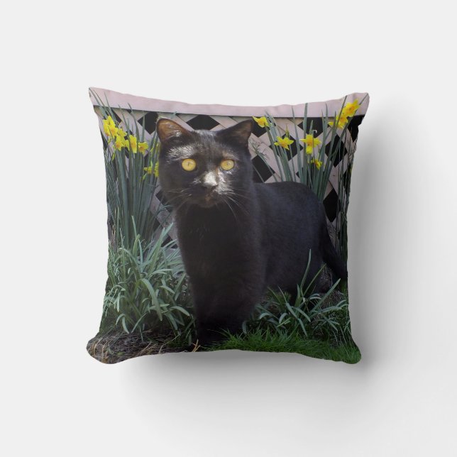 Black Cat In Daffodils Throw Pillow (Front)