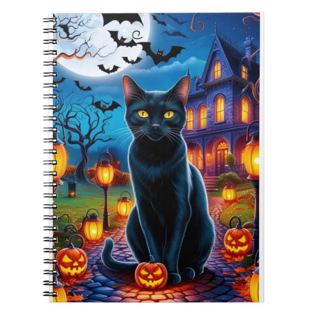 Black Cat in Enchanted Halloween Landscape Notebook (Front)