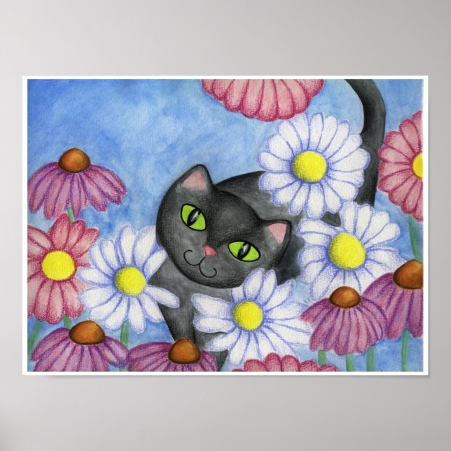 Black Cat In Flowers Art Poster (Front)