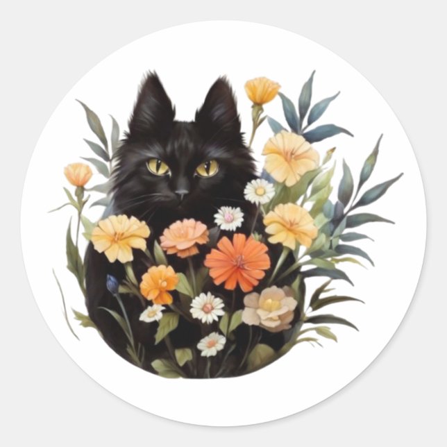 Black cat in flowers  classic round sticker (Front)