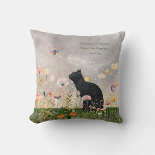 Black Cat in Flowers Cushion