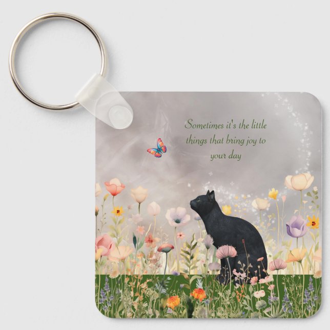 Black Cat in Flowers Key Ring (Front)