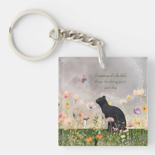 Black Cat in Flowers Key Ring
