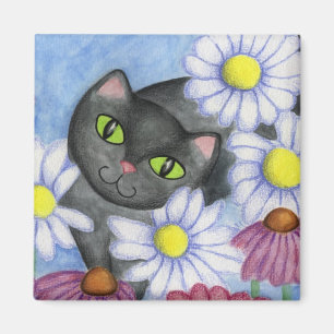 Black Cat In Flowers Magnet