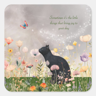Black Cat in Flowers Square Sticker