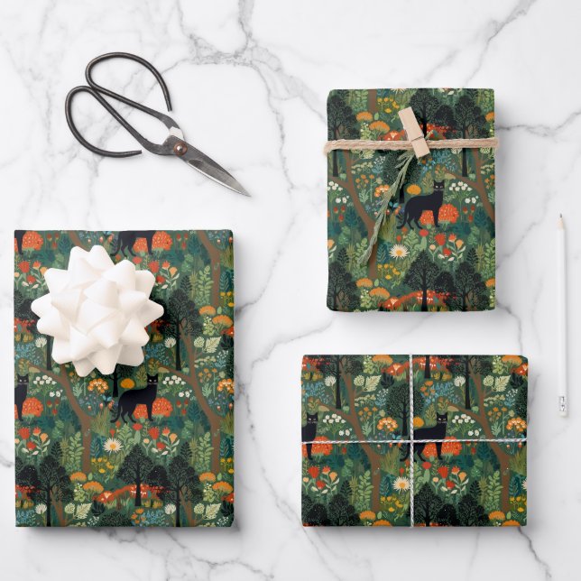 Black cat in forest seamless pattern wrapping paper sheet (Front)