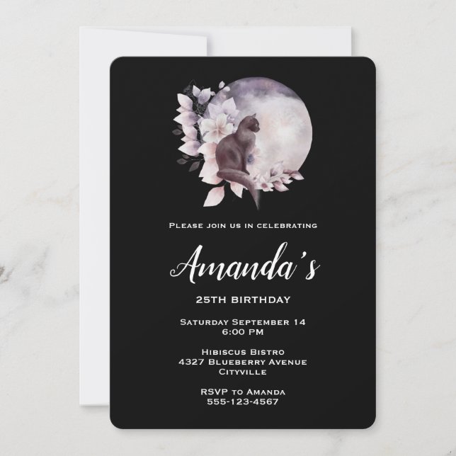 Black Cat in Front of a Magical Full Moon Birthday Invitation (Front)