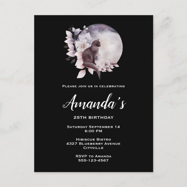 Black Cat in Front of a Magical Full Moon Birthday Invitation Postcard (Front)