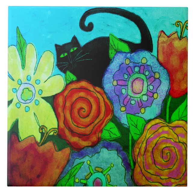 Black Cat In Garden Abstract Painting Ceramic Tile (Front)