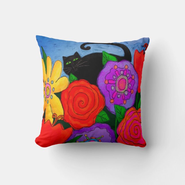 Black Cat in Garden Cushion (Front)