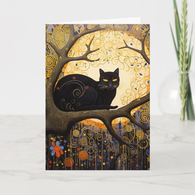 Black Cat in Golden Swirls Card (Front)