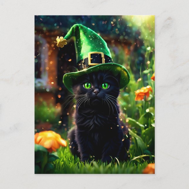 Black Cat in Green St. Patrick's Day Witch Hat Postcard (Front)
