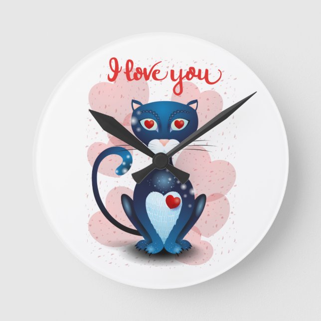 Black cat in Love Round Clock (Front)