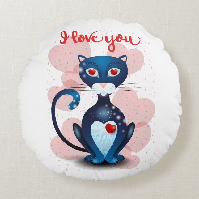Black cat in Love Round Cushion (Front)