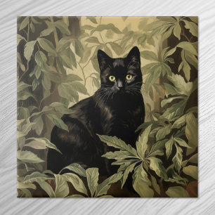 Black Cat in Lush Forest Ceramic Tile