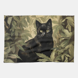 Black Cat in Lush Forest Tea Towel