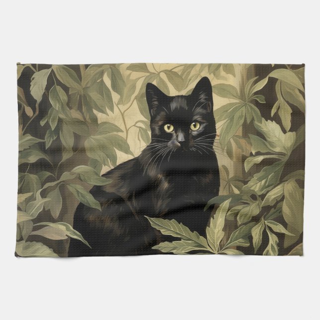 Black Cat in Lush Forest Tea Towel (Horizontal)