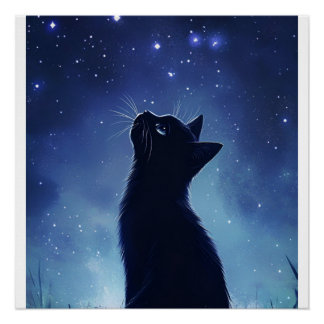 Black Cat in Magical Starlit Meadow Poster
