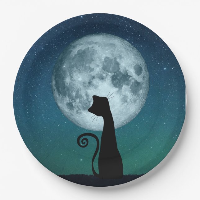 Black Cat in Moonlight Paper Plates (Front)