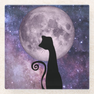 Black Cat In Moonlight Pink/Purple Glass Coaster