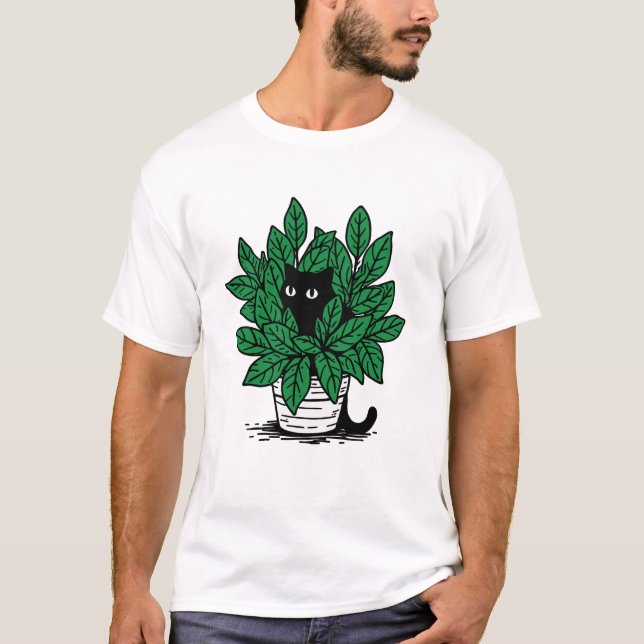 Black Cat in Plant Pot T-Shirt (Front)