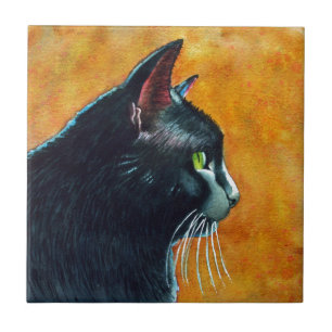 Black Cat in Profile, Tickles Ceramic Tile