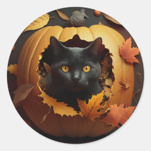 Black cat in pumpkin classic round sticker