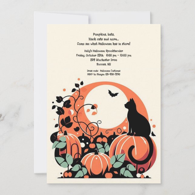 Black Cat in Pumpkin Patch Halloween Invitation (Front)