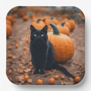 Black Cat In Pumpkin Patch Paper Plate