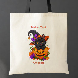 Black Cat in Pumpkin Personalised Tote Bag